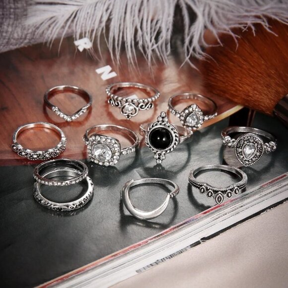 11 Piece Boho Silver Crystal Moon Pendant Filigree Stackable Ring Set Gothic - Picture 2 of 5